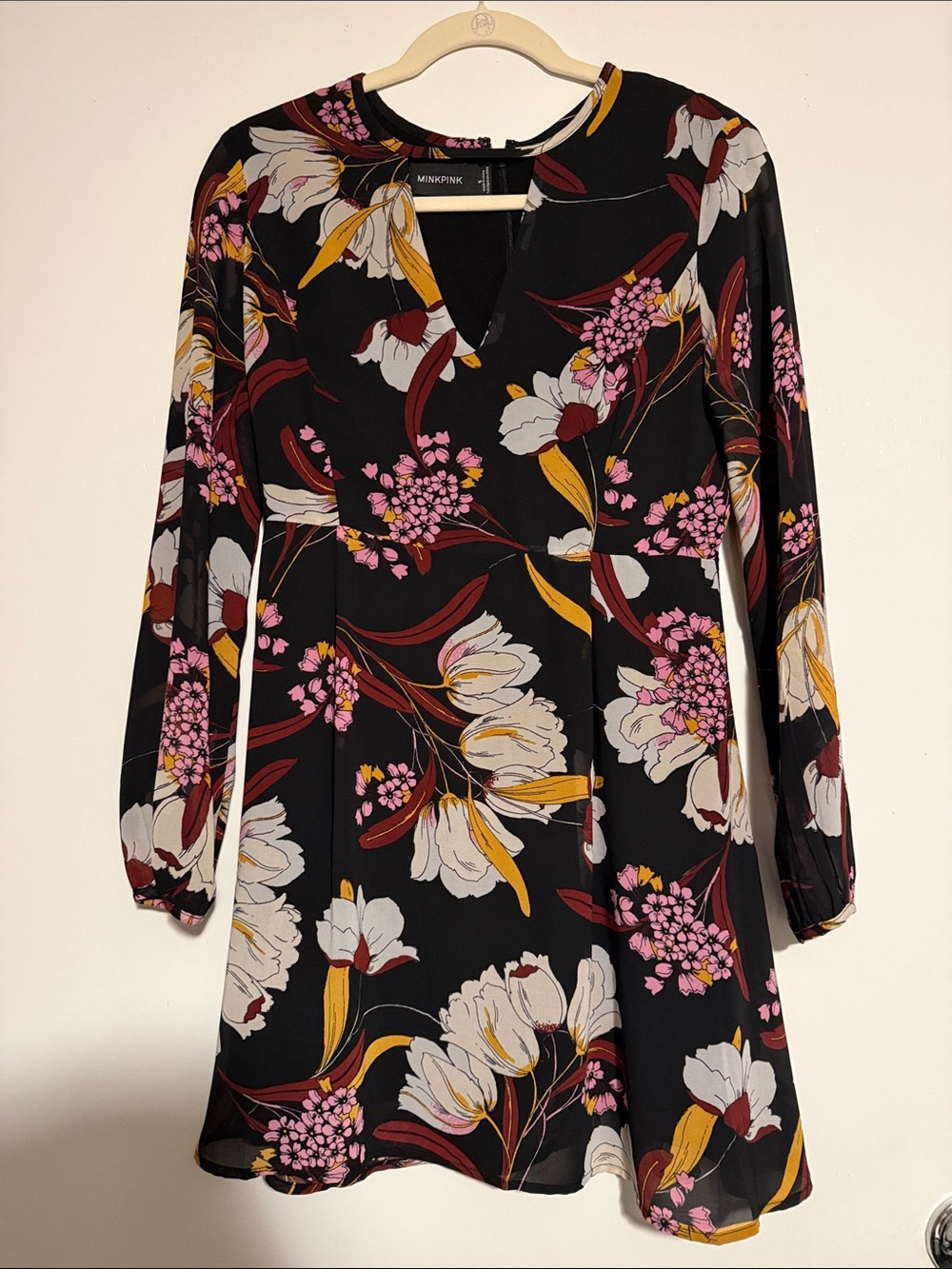 MINKPINK Black Floral Long Sleeve Mini Dress with Pink & Yellow Blooms